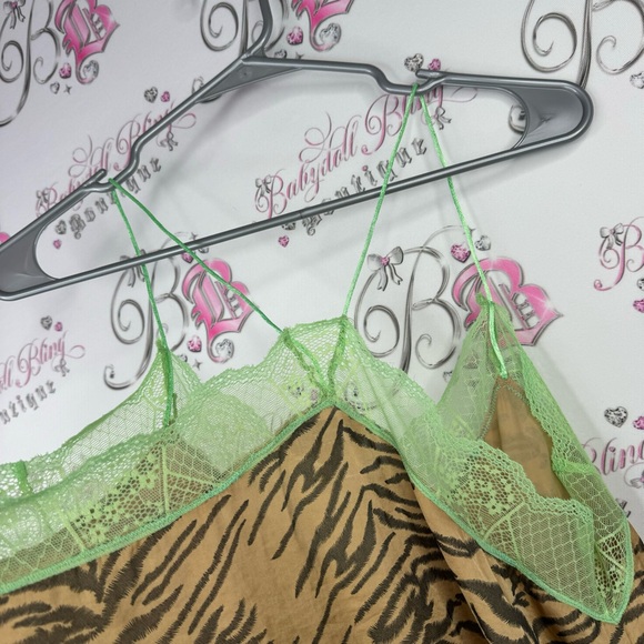 See u soon tank top cami camisole zebra beige print lime green lace racer back - Picture 4 of 6